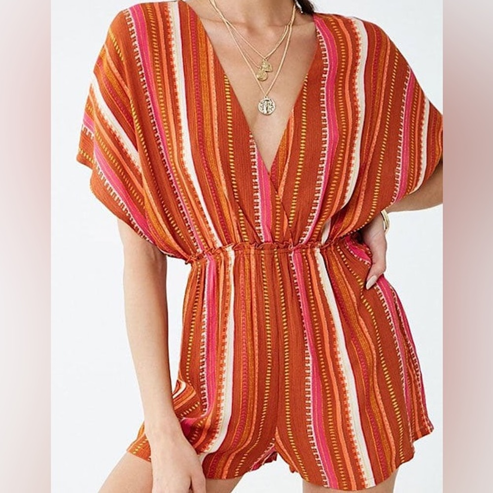 FOREVER 21 Women’s Boho Striped V-Neck Romper / Cover Up - rusty orange, size S